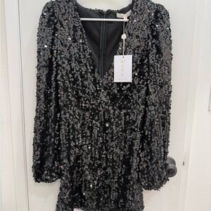 Wayf Black Sequin V-Neck Mini Dress with Long Sleeves